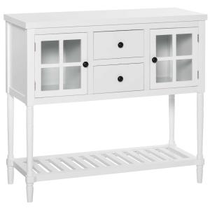 HOMCOM Mesa de Consola Mesa Auxiliar de Cocina Multifuncional con 2 Armarios Cerrados 2 Cajones y Estante Gran Espacio Estilo Elegante 96x38x89 cm Blanco
