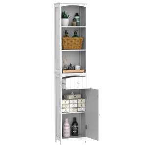 HOMCOM Mueble Armario Columna Multiusos Blanco para Cuarto de Baño con Estanterías 34x24x170cm 3 Estantes 1 Puerta y 1 Cajón