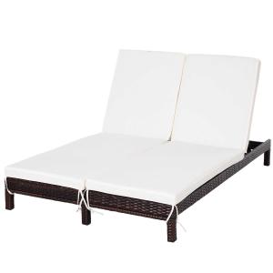Outsunny Tumbona de Ratán 2 Plazas con Cojines Acolchados de Jardín Conjunto de Tumbonas Exterior 195x120x28 cm Marrón y Blanco Crema