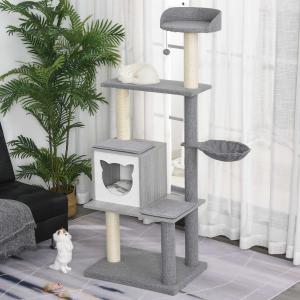 PawHut Árbol para Gatos Torre de Escalada de Múltiples Niveles con Cueva Espaciosa Hamaca Suave Postes Rascadores Juguete Colgante Cubierto de Felpa 61x49x160,5 cm Gris