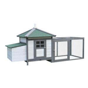 PawHut Gallinero de Madera de Abeto Refugio Jaula para Gallinas Pollos Exterior con Caja Nido Bandeja Extraíble y Espacio para Correr 196x76x97 cm Gris