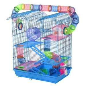PawHut Jaula para Hámster Hábitat para Animales Pequeños de Múltiples Niveles con 4 Plataformas Bebedero Rueda de Ejercicio Escaleras Sistema de Tubos 47x30x59 cm Azul