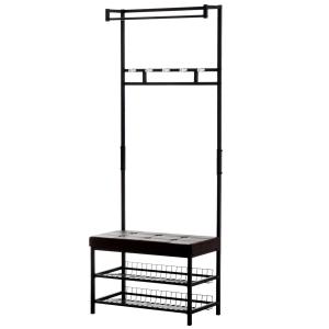 HomCom Perchero con Asiento Acolchado Estante para Zapatos y Colgador de Ropa - Negro - 72.5x35x180cm