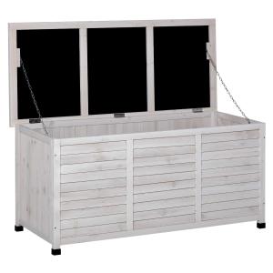 Outsunny Baúl de Madera Exterior Caja de Almacenamiento de Jardín con Tapa Abrible y Diseño Persiana 127x56x60 cm Blanco