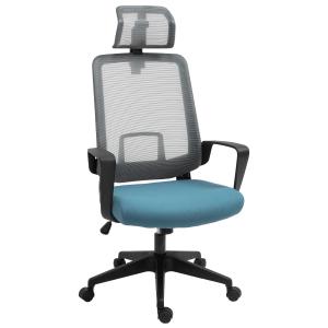 Vinsetto Silla de Oficina Ergonómica Silla Escritorio Giratoria con Altura Ajustable Soporte Lumbar Reposabrazos y Reposacabezas Regulable 63,5x63x116,5-125,5 cm Azul y Gris