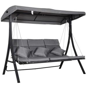 Outsunny Balancín con Toldo Ajustable de 3 Plazas Silla de Columpio con Dosel Cojines para Exterior Jardín Terraza Carga 270 kg 200x115x168 cm Gris