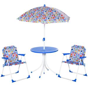 Outsunny Set de Mesa y Sillas Exterior Infantil Conjunto de Picnic Plegable para Jardín Juego de Mesa con Sombrilla Ajustable 100-125 cm Protección de UV Azul / Rojo