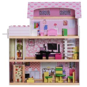 HomCom® Casa de Muñecas con 13pcs Muebles Mobiliario Casita Muñeca Juguete Madera 3 Pisos Casa de Juguete Bella de Madera 60x30x71.5cm