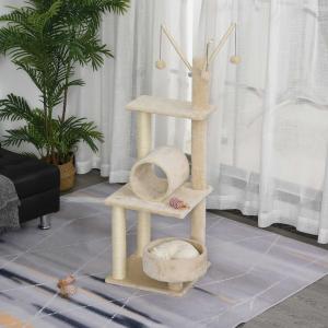 PawHut Árbol para Gatos Torre de Escalada Divertido con Cama Redonda Suave Postes Rascadores de Sisal Natural Túnel Juguetes Colgantes 40x40x121 cm Beige