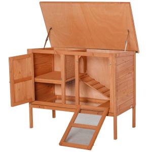 PawHut Conejera de Exterior Jaula de Mascotas Pequeñas de Madera 2 Pisos para Conejos Cobayas Hámster con Techo Asfáltico Bandeja Extraíble Rampa 102x56x85 cm Madera Natural