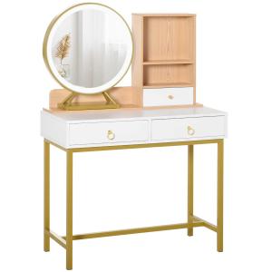 HOMCOM Tocador con Espejo LED Iluminado Mesa de Maquillaje con 3 Cajones y 2 Estantes Sensor Táctil para Dormitorio Marco Metálico Dorado 90x40x125 cm Blanco