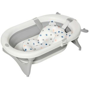 HOMCOM Bañera para Bebé Recién Nacido hasta 3 Años Plegable 30 Litros con Tapón Termosensible y Cojín Cómodo Almohadillas Antideslizantes 81,5x50,5x23,5 cm Gris y Blanco