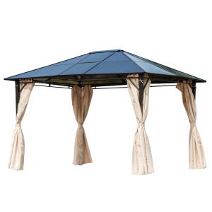 Outsunny Cenador de Jardín 3,65x3 m Pabellón de Acero con Techo de Policarbonato de 6 mm Protección UV 50+ y 4 Cortinas Laterales de Cremallera para Fiestas Beige