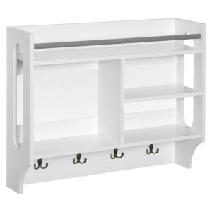 HOMCOM Estantería de Pared con 4 Ganchos 3 Compartimentos 1 Estante y Barra Metálica Estilo Moderno Multiuso para Ropa Llaves Libros 73x20x60 cm Blanco
