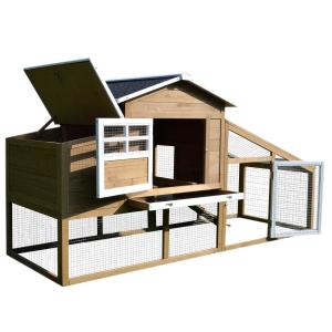 PawHut Gallinero de Madera Exterior Jaula para 2-4 Gallinas con Corral de Alambre Techo Asfáltico Nido Bandeja Extraíble Rampa y Zona Abierta 200x80x105 cm Gris y Madera Natural