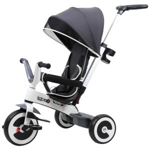 HomCom® Triciclo Bebé 4 en 1 Trolley Trike Bicicletas para Niños +18 Mes Evolutivo Capota Barra y Pedales Desmontables Gris