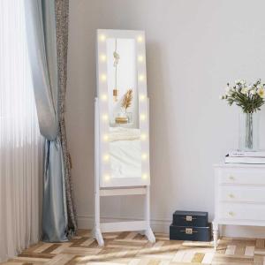 HOMCOM Joyero de Pie con Espejo Armario para Joyas 16 Luces LED Reclinable Guardajoyas Anillos Pendientes Collares Madera 36x30x136cm Blanco