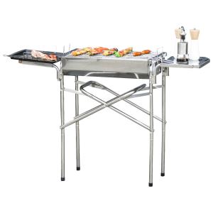 Outsunny Barbacoa de Carbón Portátil de Acero Inoxidable con 2 Estantes Laterales Bandeja y Parillas al Aire Libre para BBQ Camping Senderismo Picnics 104x30x68 cm Plata
