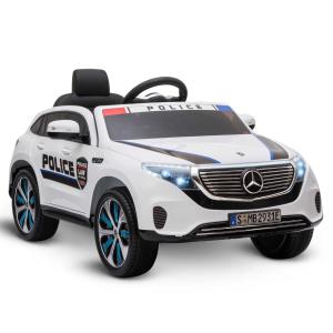 HOMCOM Coche Eléctrico de Policía para Niños Mercedes EQC Batería 12V +3 Años con Mando a Distancia Música Bocina y Faros Doble Apertura 106x68x53 cm Blanco