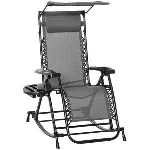 Outsunny Silla Mecedora de Jardín Plegable Tumbona Reclinable con Techo Protección Solar Reposacabezas Extraíble y Reposapiés Estructura de Acero 120x67x102 cm Gris