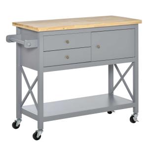 HOMCOM Küchenwagen Servierwagen mit Schublade Schrank Bodenregal rollbar Grau+Natur