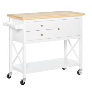 HOMCOM keukenwagen vrijstaande stelling rolbaar serveerwagen keukentrolley met lade kast plank aan de onderkant handdoekhouder voor keuken woonkamer eetkamer rubberboomhout MDF wit + naturel 108 x 45 x 89 cm