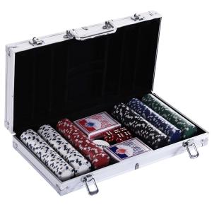 HOMCOM® ZESTAW DO POKERA WALIZKA 300 ŻETONÓW 2 x TALIE KART DO GRY 5 x KOSTEK 1 x KUFER ALUMINIOWY 5 KOLORÓW 38 x 20,5 x 6,5 cm 11,5 g/Chip