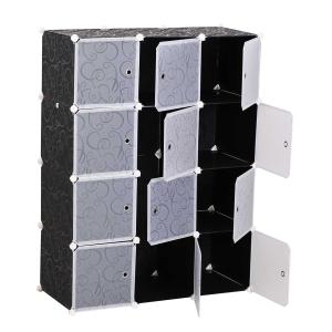 HOMCOM® SZAFA NA UBRANIA GARDEROBA PÓŁKI Z WIESZAKIEM 2+6 KOSTEK Z PP czarny+biały 111x47x145 cm