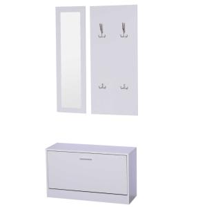 HOMCOM® 3-ELEMENTOWY ZESTAW DO PRZEDPOKOJU GARDEROBY SZAFKA NA BUTY WIESZAK NA UBRANIA LUSTRO ŚCIENNE 4 HAKI biały 30 x 100 cm