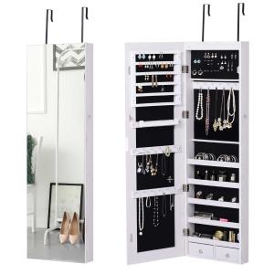 Szafka na biżuterię Szafka z lustrem Szafka ścienna z LED mocowanie do ściany/drzwi MDF biały 37 x 120 x 10 cm HOMCOM