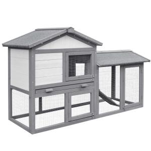 PawHut® KLATKA DLA KRÓLIKÓW KUR Z WYBIEGIEM drewno jodłowe szara 147 x 54 x 84 cm