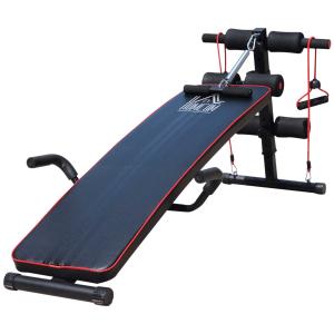 HOMCOM® ŁAWKA SIT UP DO ĆWICZEŃ MIĘŚNI BRZUCHA TAŚMA OPOROWA TRENINGOWA stal + PCV czarny + czerwony 56,5 x 135 x (50–68) cm