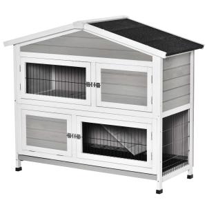 PawHut konijnenhok 2 verdiepingen design konijnenhok caviahok konijnenhok klein dier met 1 antislip helling dennenhout metaal lichtgrijs + wit + zwart 121,5 x 57 x 104,5 cm