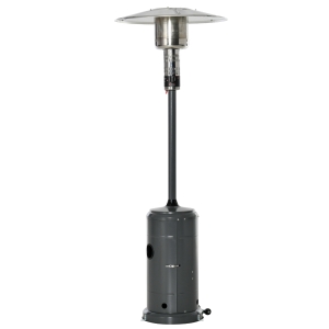 Outsunny warmtestraler terrasverwarmer met draaiknop wielen terrasverwarmer met automatische veiligheidsuitschakeling oprolbaar gas 12,5KW parapluvormig metaal RVS carbon grijs Ø81,5 x 225 cm
