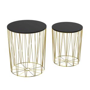 HOMCOM Stolik ze schowkiem, zestaw 2 szt., Metalowy kosz z drewnianą pokrywą, Stolik nocny, złoty, Ø 40,7 x 49,5 cm, Ø 33,8 x 40,8 cm