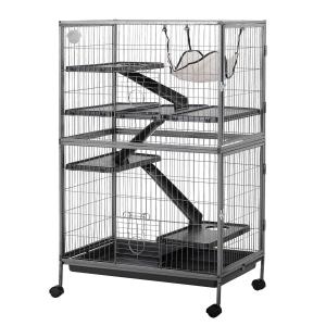 PawHut kooi voor kleine huisdieren met hangmatten 4 verdiepingen XXL-kooi geschikt voor hamsters kleine huisdieren cavia's metaal kunststof zilver + grijs 80 x 52 x 128 cm