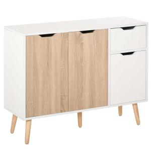 HOMCOM dressoir met kast en lades commode nachtkastje bijzetkast in Scandinavisch design veel opbergruimte MDF spaanplaat wit + naturel 90 x 30 x 72 cm