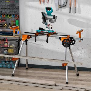 DURHAND Soporte para Sierra Ingletadora Plegable y Extensible con Rodillos Regulables en Altura y Longitud con Ruedas y Asa 167x74x95,5 cm Naranja