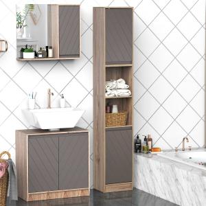 HOMCOM Armario Alto para Baño Columna de Baño con 2 Puertas y 2 Estantes Abiertos Mueble Auxiliar de Almacenaje para Salón Recibidor 30x24x170 cm Roble y Gris