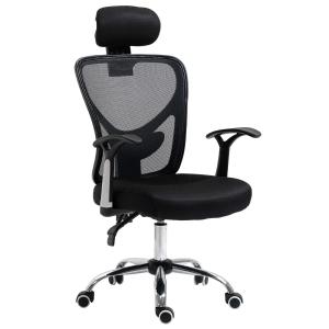 Vinsetto Silla de Oficina Ergonómica Silla Escritorio Giratoria con Altura Ajustable Función Relinable Reposacabezas Regulable y Soporte Lumbar 65x67x108-118 cm Negro