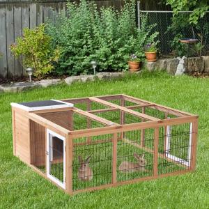 PawHut Conejera de Exterior Jaula para Conejos Cabayas Animales Pequeños con Caseta Techo Asfáltico Abatible y Múltiples Puertas 123x120x52 cm Madera Natural