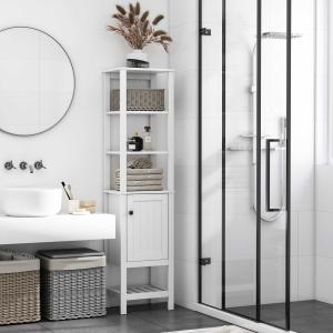 HOMCOM Armario Alto de Baño Mueble Columna Moderno con 3 Estantes Abiertos 1 Puerta y Repisa Inferior de Almacenaje para Cocina Dormitorio 40x30x164 cm Blanco