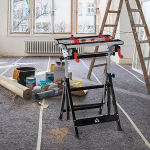 HOMCOM Banco de Trabajo Plegable con Altura Ajustable Tableros Regulables en Ancho y Distancia Carga Máx.100 kg 55x50x78,5-108 cm Negro y Plata