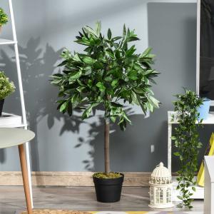 Outsunny 2 Plantas Artificiales de 90 cm de Altura Árboles de Laurel Decorativos con Maceta para Hogar Salón Uso en Interiores y Exteriores Verde