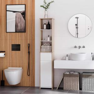kleankin Armario Alto de Baño Mueble Columna de Baño con 1 Puerta Cajón y 3 Estantes Balda Ajustable para Cocina Salón 32,6x30x171,2 cm Madera Natural y Blanco