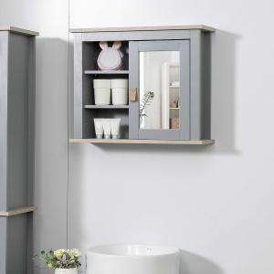 kleankin Armario de Baño con Espejo Armario Auxiliar de Pared con 1 Puerta y Estantes Ajustables Espacio de Almacenaje para Cocina Recibidor 60x19x49 cm Gris
