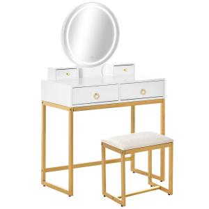 HOMCOM Vanity Table Set Dressing Table with LED Light, 4 Drawers Cushioned Stool