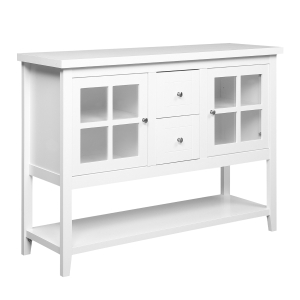 HOMCOM keukenkast dressoir opbergkast elegant met twee glazen deuren open rek twee schuifladen anti-kantel-design voor eetkamer woonkamer MDF grenen hout wit 132 x 38 x 89 cm