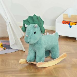 HOMCOM Caballito Balancín de Dinosaurio para Niños de +3 Años Balancín Infantil de Felpa con Sonidos Realistas y Base de Madera Carga 45 kg 64x30x54 cm Verde Oscuro