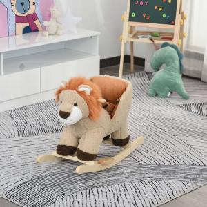 HOMCOM Caballito Balancín Infantil en Forma de León de Felpa para Bebés 18-36 Meses con Sonido Cinturón de Seguridad Manillar y Reposapiés 68x35x50 cm Marrón